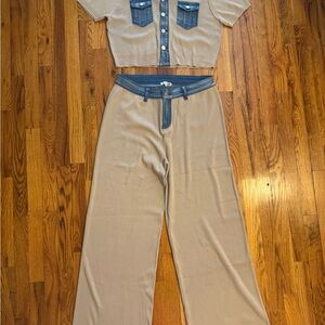 Fashion Nova Tan and Denim Two-Piece Wide Leg Set